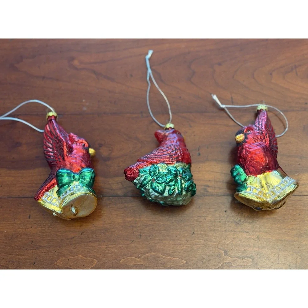 Lot of 3 Vintage Blown Glass Cardinal Christmas Ornaments Love Hope Joy Bells